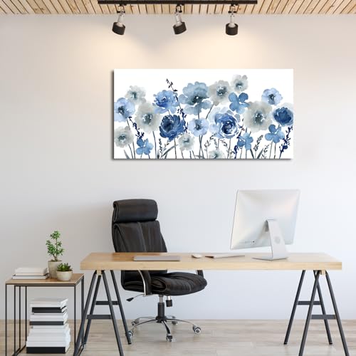 Image of VEAEE Flowers Canvas Wall Art - Indigo Floral Canvas Pictures Living Room Wall Decor Botanical Canvas Prints Painting Abstract Artwork Bedroom Office Home Decor 20 inchx 40 inch