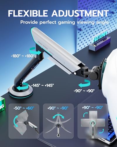 Image of Single Gaming Monitor Arm for 24 inch-57 inch Screens, Up to 60 lbs, White | Full Motion Computer Monitor Mount, Heavy Duty Gas Spring Desk Stand with VESA 75x75 to 200x200, with C Clamp, Grommet Base