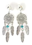 Clip on dream catcher earrings silver with turquoise bead metal feather pendants 3 5/8 inches long