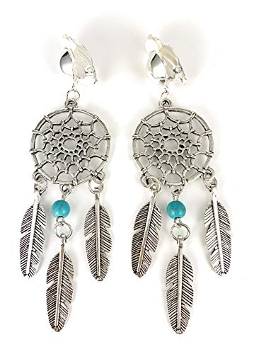 Clip On Dream Catcher Earrings Silver With Turquoise Bead Metal Feather Pendants 3 5/8 Inches Long #TOP7