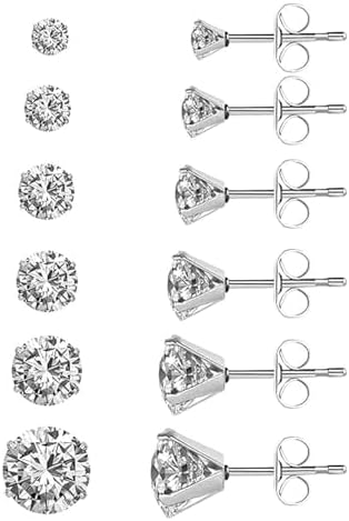 Stainless Steel Stud Earrings Round Clear Cubic Zirconia Ear Studs for Women and Men Sensitive Ears Nickel Free CZ Stud Earrings Set Hypoallergenic Cubic Zirconia Earrings, 6 Pairs