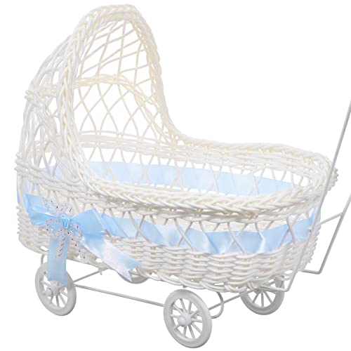 STOBAZA Mini Woven Baskets, Wicker Candy Baskets Baby Shower Centerpiece Baby Carriage Candy Bowl Snack Serving Tray Wedding Table Centerpieces For Party Favor Blue