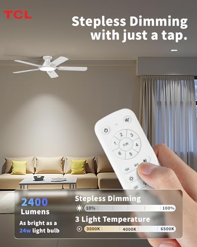 TCL 52" Low Profile Ceiling Fan with Light, Slim, White, Flush Mount, DC Reversible Motor, 6 Speeds, Remote Control, Noiseless, Dimmable, LED Light, 3CCT, Modern Ceiling Fan for Bedroom Living Room thumbnail 6