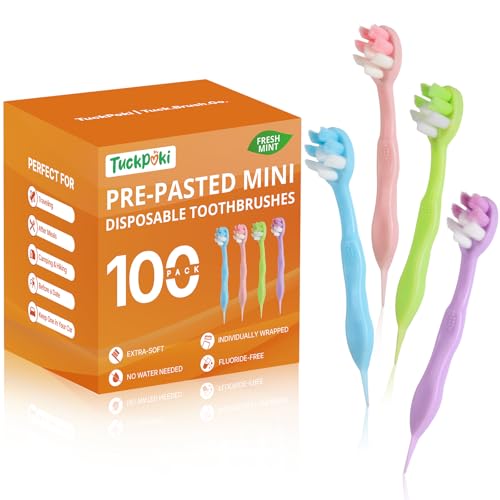 TuckPoki 100-Pack Pre-Pasted Mini Travel Toothbrushes, Individually Wrapped Bulk Pack,