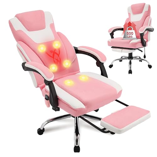 Image of Massage Office Chair with Foot Rest,6-Point Vibration & Heat Executive Office Chairs,Ergonomic Desk Chair for Heavy People,Big and Tall Fabric Office Chair 500LBS,Reclining Managerial Chair,Pinkwhite