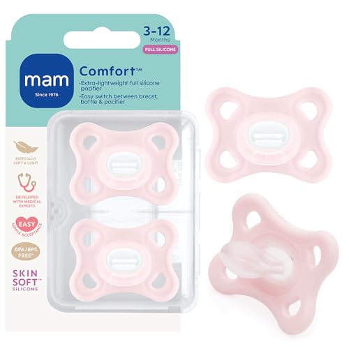 Image of MAM Comfort Baby Pacifiers 3-12 Months Babies, Lightweight One-Piece Full Silicone Binky, BPA-Free Nipple, Easy to Clean Pacifier, Best for Breastfed Babies, 2 Pack, Sterilizer Case, Made in Europe