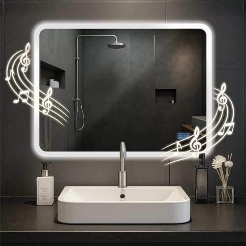 CLP Espejo de baño Jericho con iluminación, Altavoz Bluetooth, Espejo de baño antivaho, Espejo de Pared LED Regulable, 3 Modos de luz, Tamaño:60x80 cm