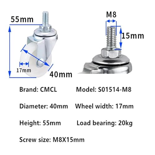 Roue universelle M6 en PP blanc pour chariot d'outils et support de stockage 4pcs