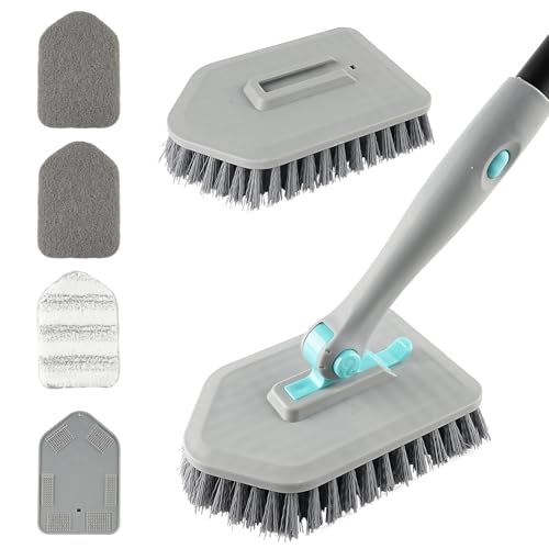 Image of 4 in 1 Tub Scrubber, Scrub Brush with Long Handle Hard Bristle Shower Scrubber Bathroom Cleaning Brush for Bathroom Kitchen Toilet Wall Bathtub Ceramic Tile Floor