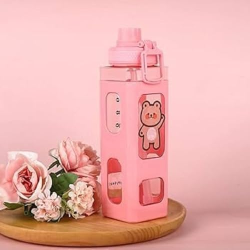Image of Kawaii Bear Water Bottle with Straw & Stickers - 700ml Cute Square Plastic Drinking Bottle for Girls | Portable Juice /Tea /Sports Bottle | Leak-Proof Pink Bottle (Pack of 1)