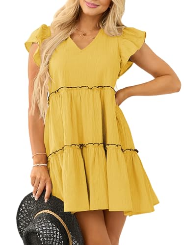 Oumrdeo Damen-Sommer-Babydoll-Minikleid, V-Ausschnitt, Raffung, Ärmel, lässig, gestuft, locker, fließender Swing-Tunika, Etuikleid, gelb, X-Groß