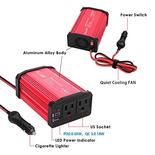ALLWEI 300W Power Inverter DC 12V to 110V AC, Compact Car Plug Adapter Outlet with 65W PD USB-C &18W USB-A Fast Charging, Cigarette Lighter Adapter Car Charger for Phone, Laptop on Road Trip – Red
