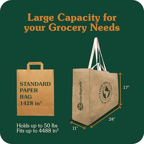 EARTHGRADE Reusable Grocery Shopping Bag – Large Sustainable & Eco Friendly Washable Paper Totes with Cotton Canvas Handles & Durable Seams - 11" x 24" x 17" - Thumbnail 7
