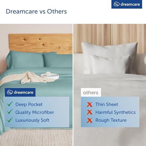 Image of DREAMCARE Queen Sheet Set - 4 pcs Breathable Cooling Sheets - up to 15 inch Deep Pocket Queen Sheets Set with Side Pockets - Extra Soft 100% Brushed Hypoallergenic Hotel Luxury Bedding - Spa Blue