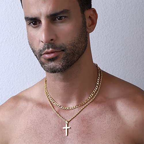 P.BLAKE 2 Pcs Cross Necklace With Chain for Men Boys, Layered Mens Stainless Steel Figaro Link Rope Chain 16-24 Inch Christian Religious Cross Pendant Necklaces Jewelry Gifts