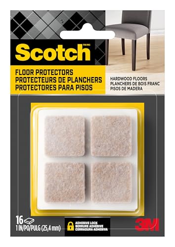 Scotch Felt Pads 16 PCS Beige, Felt Furniture Pads for Protecting Hardwood Floors, 1 x 1 in. Square, Easy-to-Apply, Self-Stick Design, Reliable Protection from Nicks, dents and Scratches (SP802-NA)