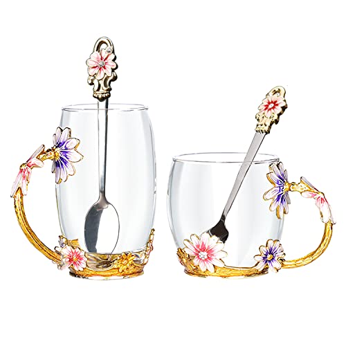 Novelty Glass Mugs for Coffee/Tea/Milk Hot/Cold Drink Enamel Flower Cups Gifts Unique for Women/Wife/Mom/Friends/Girlfriend/Grandma/Mother`s Day/Birthday/Christmas/Valentines/Graduation/Teacher