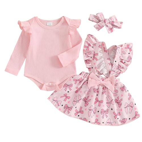 Image of Covvoliy Newborn Baby Girl Clothes Ruffles Long Sleeve Romper Floral Suspender Skirt Set with Headband Girl Clothes 2Pcs