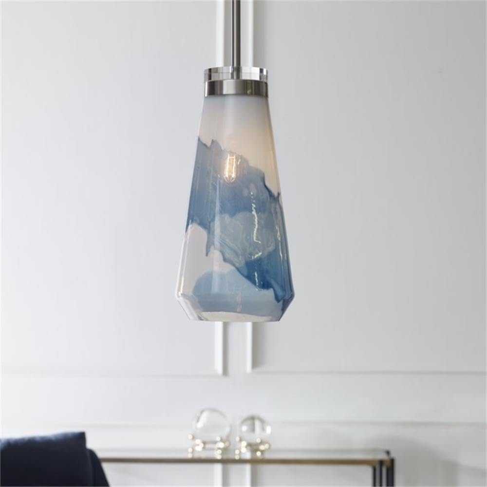 BOWERY HILL Contemporary 1-Light Mini Pendant, 18 in Height, Handmade Blue and White Glass Shade, Brushed Nickel Finish, Adjustable Steel Design with Crystal Accent, Type A 60W Bulb for Indoor