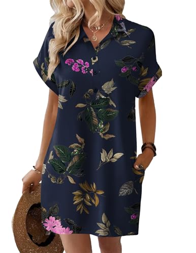 Image of HOTOUCH Womens Summer Shirt Dress 2026 Short Sleeve Floral Shift Dress Casual Loose Flowy Beach Sundress with Pockets