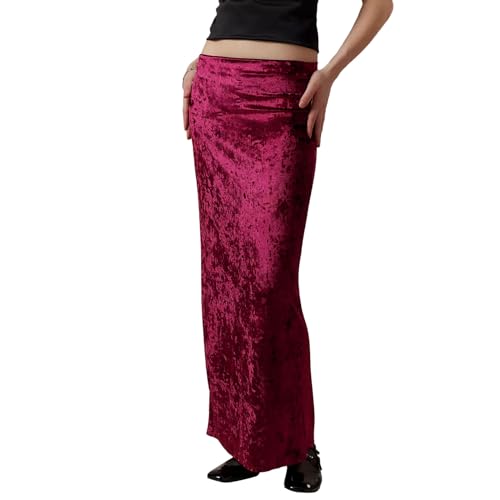 Falda de mujer de cintura alta maxi con hendidura casual falda de punto larga falda lápiz casual falda elástica bodycon falda larga de terciopelo para ropa de calle ropa de club, borgoña, L