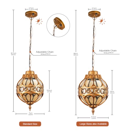 Dusk to Dawn Aluminum Outdoor Pendant Lights for Porch Garage, Vintage Globe Pendant Lighting Outside Gold Hanging Light Fixture with Amber Glass, Waterproof Exterior Chandelier, 2 Pack