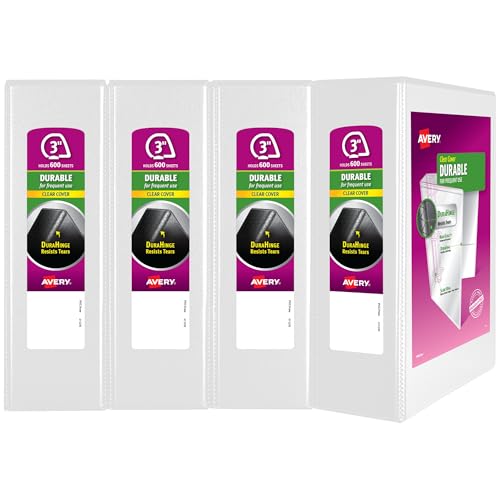 Avery 3 Ring Binder 3 Inch Slant Rings Durable View White Binder for Home Office or School Use 4 Pack (17030)