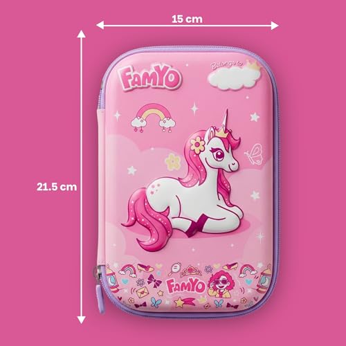 Image of Famyo June Unicorn Pencil Pouch for Kids | 3 Compartment Pencil Case | Hard Shell EVA Pencil Box with Mesh Pocket & Zipper | School Stationery Organizer for Girls
