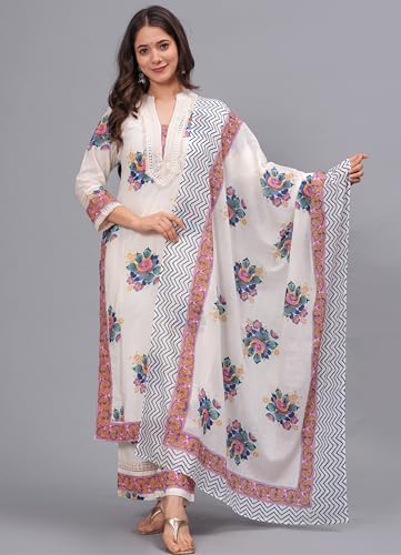 Image of Amayra Women's Pure Cotton Printed Straight Kurta Set with Palazzo Pants & Dupatta- Ethnic Wear, White