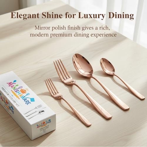 Image of Classic Rose Gold 16 Pcs Stainless Steel Cutlery Set for Dining Table, Dishwasher Safe Glossy Flatware (Perfect Spoon Fork Set)