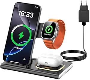 Aimtel 3 in 1 Induktive Ladestation Faltbare&Nachtlichter Kompatibel mit iPhone 17/17 Pro/17 Pro Max/17 Air/16/15/14/13, pple Watch 11/Ultra 3/10/9/8/SE 3 für Air-Pods Pro/4/3/2 Kabelloses Ladegerät