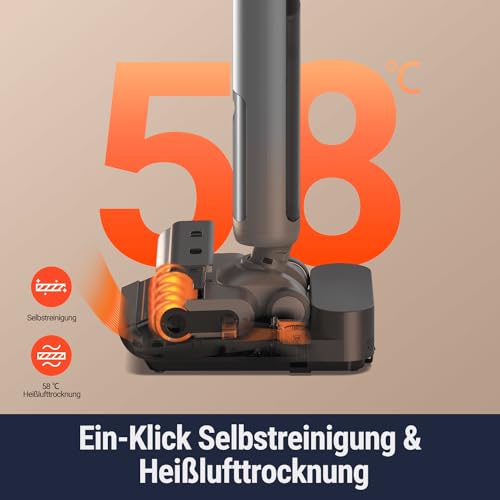 OSOTEK H200 Pro Wischsauger, 180° Flacher Saugwischer mit 58℃ Bürste Heißlufttrocknung, kabelloser Nass Trockensauger, 2 Seite Kantenreinigung, LED-Anzeige, Selbstreinigung mit 2-Richtungrotation