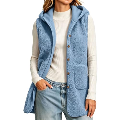 Jackets for Women Fuzzy Sherpa Fleece Vest Cozy Warm Trendy Oversized Hoodies Sky Blue L - image 2