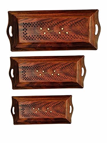 natureCRAFTS Wooden Serving Tray Set of 3 (Large, Medium And Small) With Brass Work, Serving Platters And Trays For Party, Food And Tea Wooden Decorative Trays For Coffee Table, Brown, Rectangular