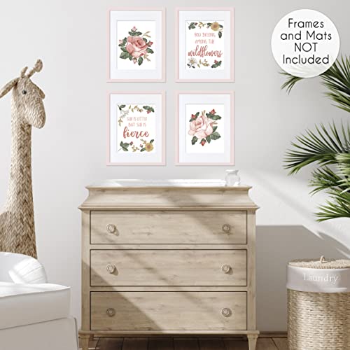 Image of Sweet Jojo Designs Vintage Floral Boho Wall Art Prints Room Decor for Baby, Nursery, and Kids - Set of 4 - Blush Pink, Yellow, Green and White Shabby Chic Rose Flower Farmhouse Wildflower