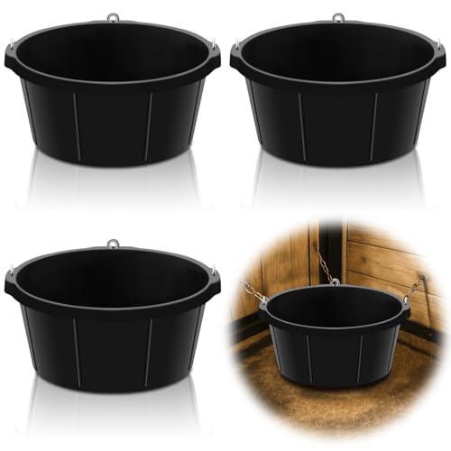 Maxdot 3 Pcs Rubber Tub with Hanging Hooks 6.5 Gallon/26 Quart Horse Feeder Bucket 8.3 x 17.7 in Feed Pan for Goats Horses Dog Animal Livestock Feeding