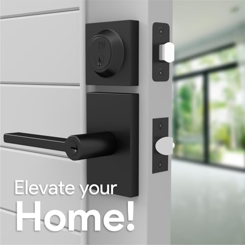 Image of Mega Handles, Glamor Entry Combo, Entry Door Handle and Single Cylinder Deadbolt Lock and Key Combo Pack, Heavy Duty Locking Door Levers for Left or Right-Handed Doors - Matte Black