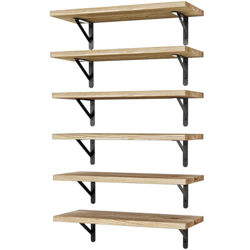 Image of YGEOMER 16.5 Inch Floating Shelves for Wall, Farmhouse Wall Shelves for Bedroom, Bathroom Storage, Living Room and Kitchen Decor (Set of 6 Light Brown Color)