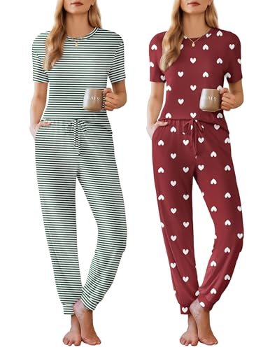 Image of Ekouaer Pajamas for Women Set 2 Pack Lounge Set Short Sleeve Pjs Joggers Long Pants Loungepwear with Pockets