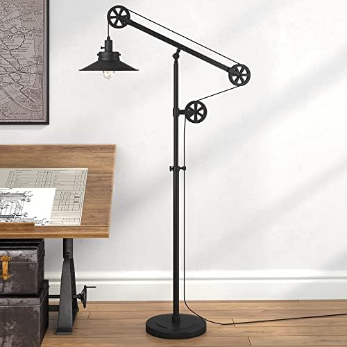 Henn&Hart Wide Brim/Pulley System Floor Lamp with Metal Shade in Blackened Bronze/Blackened Bronze, Floor Lamp for Home Office, Bedroom, Living Room