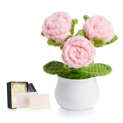 LAIDANLA Crochet Flowers Pink Roses Mini Potted, Handmade Anniversary Appreciation Birthday Small...