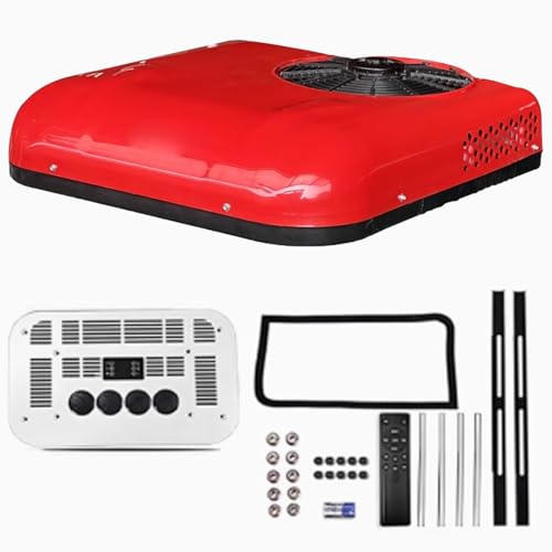 ルーフエアコン キャンピングカー スポットクーラー 12V 24V リモコンとコントロールパネル付き 4穴回転式エアアウトレット 車載 クーラー(Red,12v)