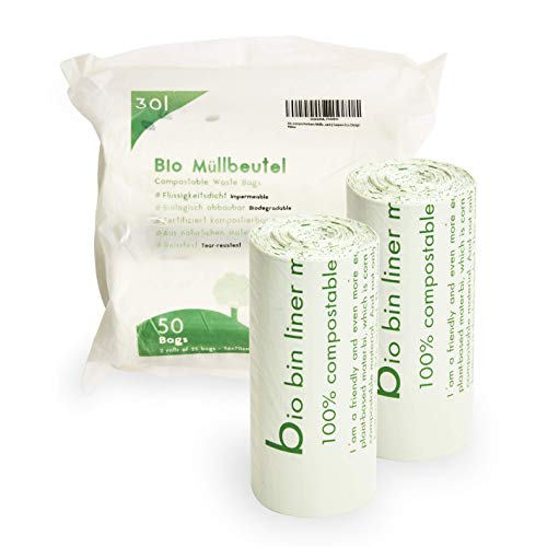 Plantvibes ® Sacchi per immondizia compostabili | 100 fodere organiche per rifiuti | Biodegradabile certificato al 100% | Sacchetto della spazzatura (30L)