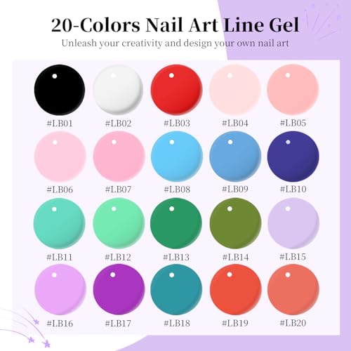 Image of JODSONE Gel Polish Nail Art Gel Liner Set 20 Colors Red Pink Blue Purple with Thin Brush Need U V Lamp Cured Gift for Girls at Home Salon Design
