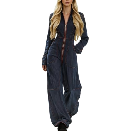 Gefomuofe Traje de pantalón para mujer, de manga larga, mono con cremallera completa, traje de ocio, pierna ancha, aspecto vaquero, talla grande, deportiva, talla única, azul, L