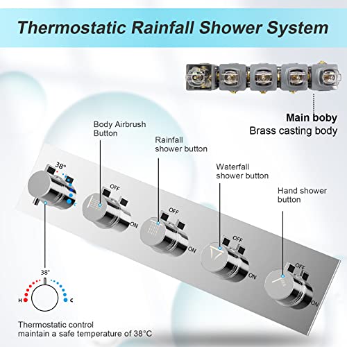 Thermostatic Shower System, 16” Ceiling LED Rain Shower System with Body Jets, Luxury Smart Rainfall Full Body Shower System with Rain Shower and Handheld Can Work Together At Once