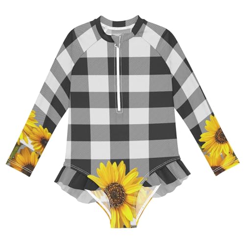 Girls One Piece Swimsuits Long Sleeve Swimsuit Zipper Bathing Suits Yellow Sunflower on Black and White Lattice