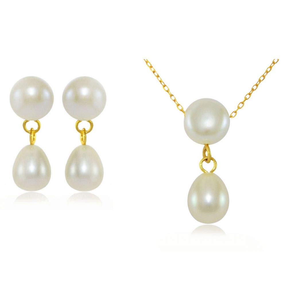 Vera Perla18K Solid Gold 7mm White Button Pearl Jewelry Set [18KDDPNE]