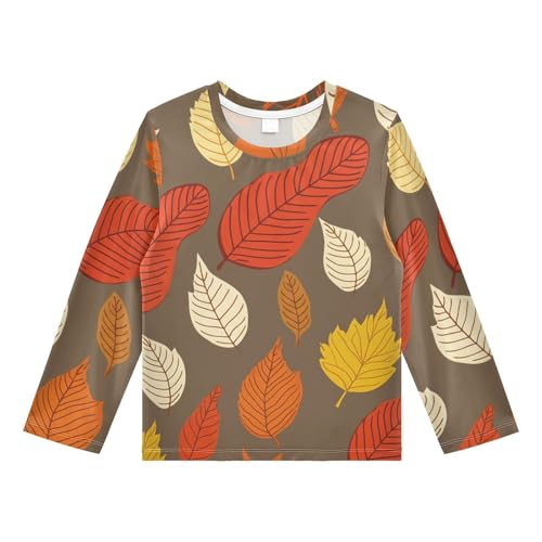 DOMIKING Autumn Leaves Brown Boys Long Sleeve Rashguard Shirt Kids Quick Dry Swim Shirt for Kids Toddlers 11-12T