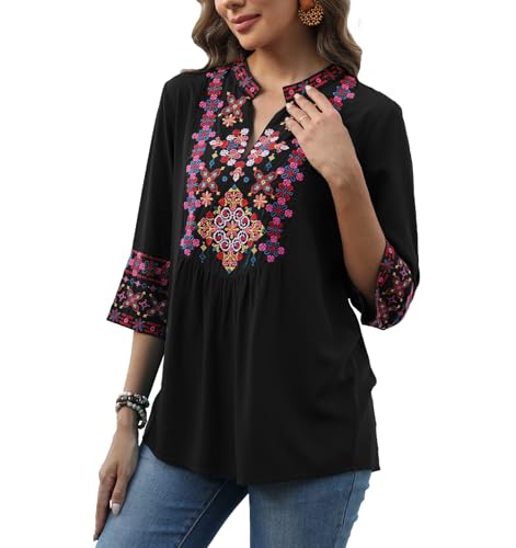 Higustar Mexican Embroidered Tops Boho 3/4 Sleeve Shirts Floral Peasant Tunic Bohemian Fiesta Blouses Clothes for Women2